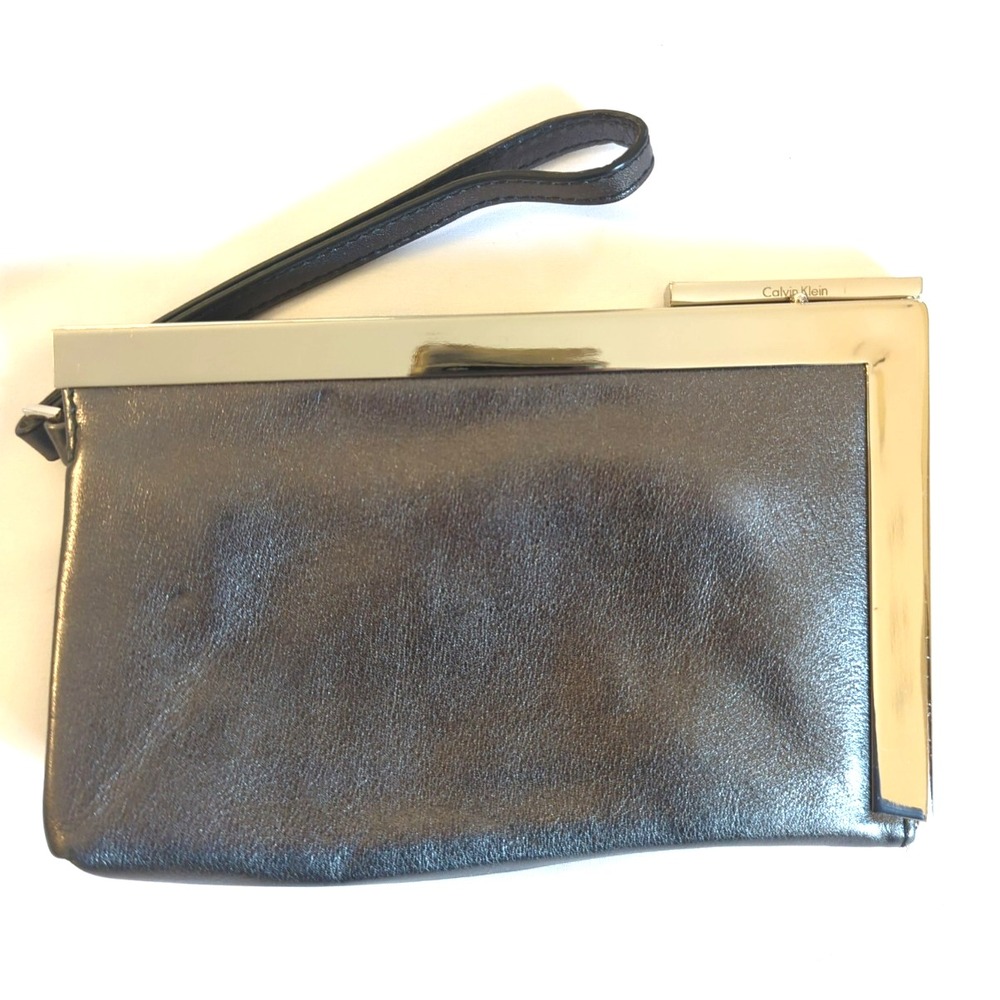 Calvin Klein Metallic Pewter Gray Leather Wristlet Clutch Asymmetric Metal Frame